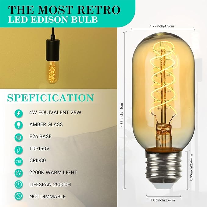 AMDTU LED Edison Vintage Light Bulbs 25 Watt Equivalent 4W E26 Base Amber Warm Yellow Filament Non Dimmable T45 Tubular Bulb Soft Warm 2200K 4 Pack 200 Lumens Ideal for Lamps,Pendants,Wall Sconces