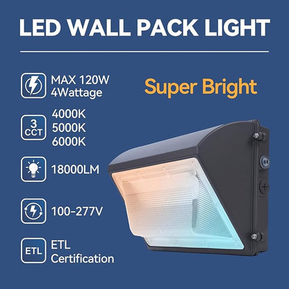 120W LED Wall Pack Light with Photocell 4Pack, 4000/5000/6500K 3CCT, 60/80/100/120W Selectable, Commercial Wall Pack Lights Outdoor LED Wall Lights for Parking Lot Warehouses 100-277V ETL Listed