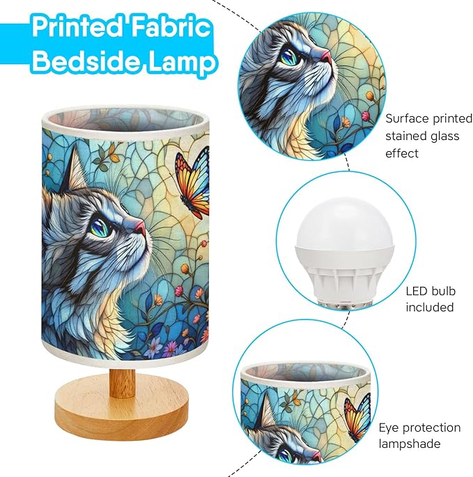 Cat and Butterfly Table Lamp LED 3-Color Pressed Bedside, Cat and Butterfly Shade Lamp with Wood Base for Bedroom Living Room Desk Office TL01
