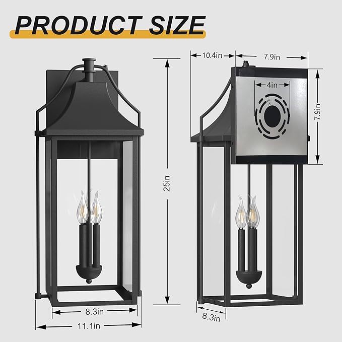 25-INCH Dusk to Dawn Outdoor Wall Light, Large Size Waterproof Patio Lanterns, 3-Light Exterior Wall Mount Lantern Sconce with Glass, Black Wall Sconces for House Garage Front Door