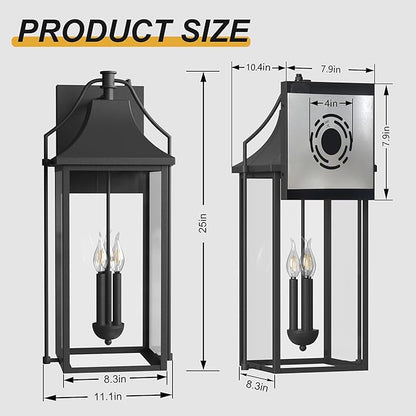 25-INCH Dusk to Dawn Outdoor Wall Light, Large Size Waterproof Patio Lanterns, 3-Light Exterior Wall Mount Lantern Sconce with Glass, Black Wall Sconces for House Garage Front Door