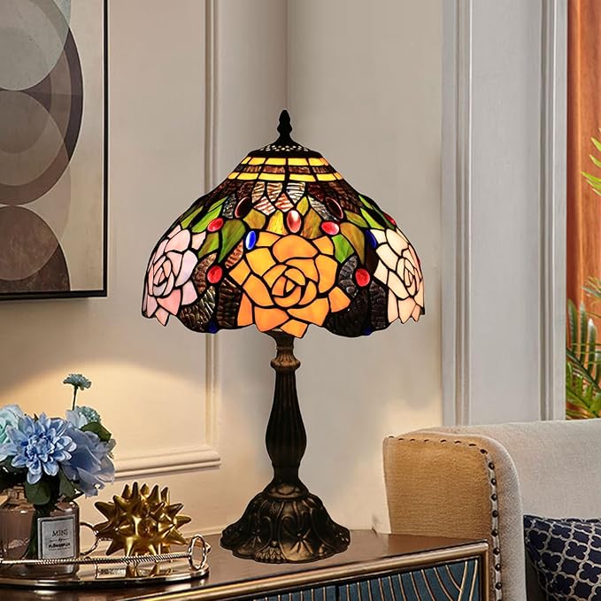 Tiffany Style Table Lamp, 12 Inch Stained Glass Lamp, Antique Table Lamp, Bedside Lamp, for Nightstand Bedroom Living Room Home Office, Rose Flower Pattern, Include LED Bulb