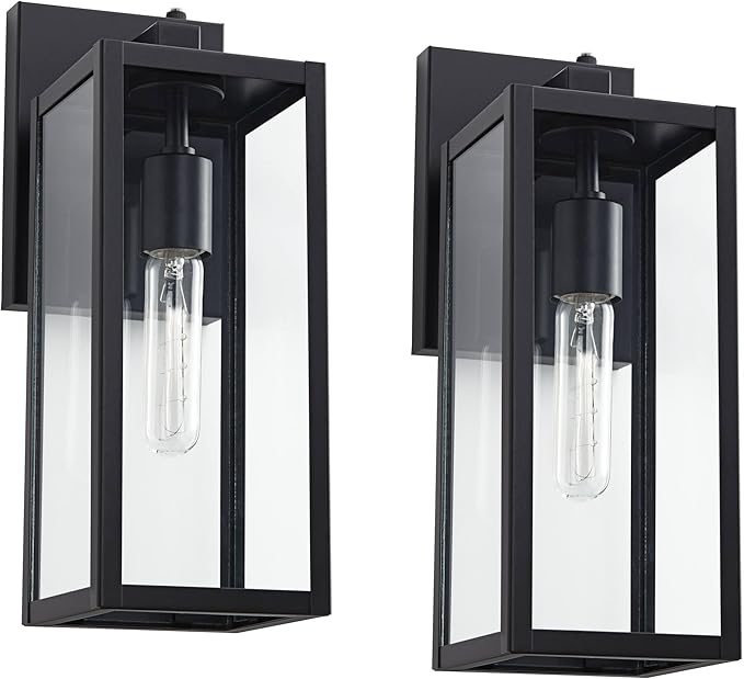 John Timberland Titan Modern Outdoor Wall Light Fixtures Set of 2 Mystic Black Rectangular Box Frame Dusk to Dawn 14" Clear Glass Panels for Post Exterior Barn Deck House Porch Yard Patio