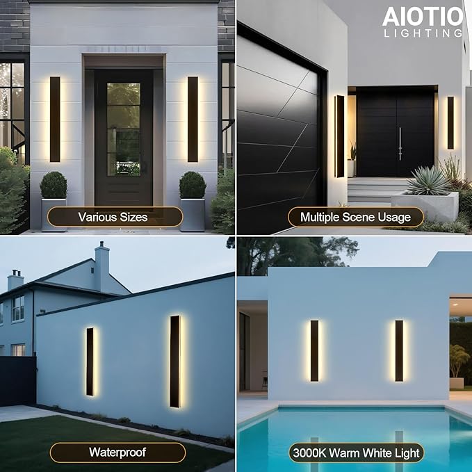 39.3in 2pcs Modern Outdoor Wall Light for House, Black Upgraded 4.72in Wide 3000K Waterproof IP65 Porch Lights Wall Sconce,Long LED Linear Outside Exterior Lighting Fixtures for Garage,Patio