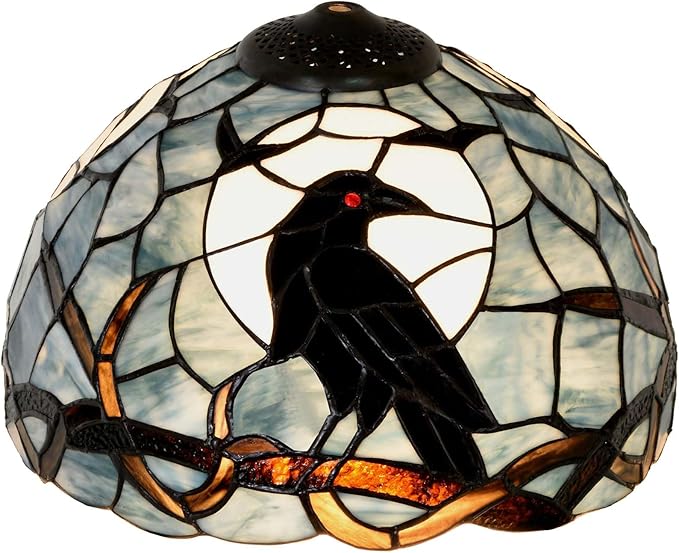 Bieye S10956 Raven Sitting on Bare Tree Tranch Against Full Moon Tiffany Style Stained Glass Lampshade (Dark Blue, 12Wx7.75H)