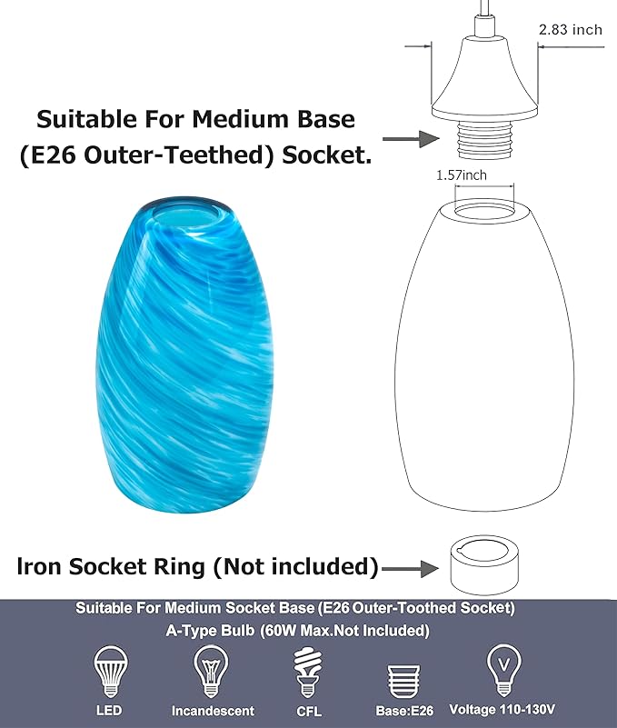 GO&SO 2 Pack Blue Pendant Light Shade Replacement,Hand-Blown Fluid Flow Texture, 7.8"H Oval Fixture,1.57" Fitter, E26 Base, for Hanging Light Fixtures & Mini Chandelier & Pendant Lights Kitchen Island