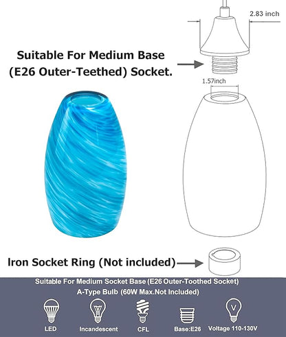 GO&SO 2 Pack Blue Pendant Light Shade Replacement,Hand-Blown Fluid Flow Texture, 7.8"H Oval Fixture,1.57" Fitter, E26 Base, for Hanging Light Fixtures & Mini Chandelier & Pendant Lights Kitchen Island