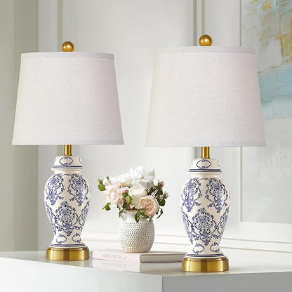 RORIANO Chinoiserie Ceramic Table Lamps Set of 2 for Living Room Bedroom Bedside, Traditional Blue Porcelain Classic Table Lamp for Nightstand Entryway, 2 LED Bulbs Included
