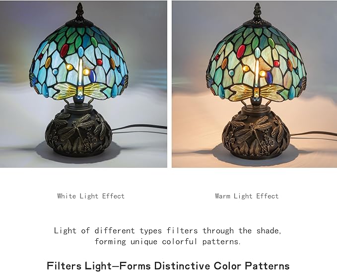 Tiffany Style Stained Glass Mushroom Bedside Table Lamp 8-inch Green Blue Dragonfly Beautiful Shade Nightstand Light for Bedroom Dorm Living Hallway Coffee Table Home Office Housewarming Gift