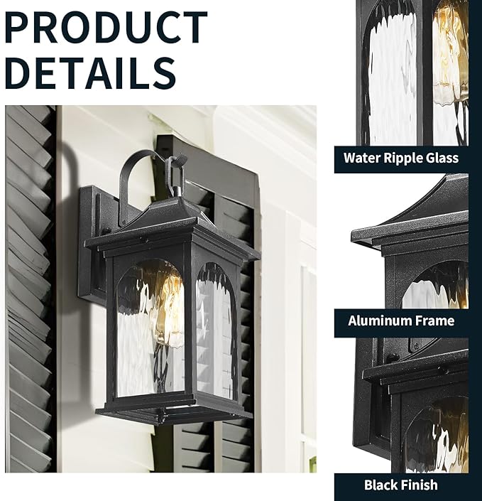 Porch Lights Outdoor Light Fixtures Wall Mount, 13.78 Inch Black Exterior Light Fixtures with Water Ripple Glass, Modern Outdoor sconces Wall Lighting Fixture for Patio House Garage