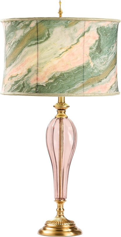 RIVER OF GOODS 33" H Romance Pink/Green Drum Shade Geometric Glass Table Lamp