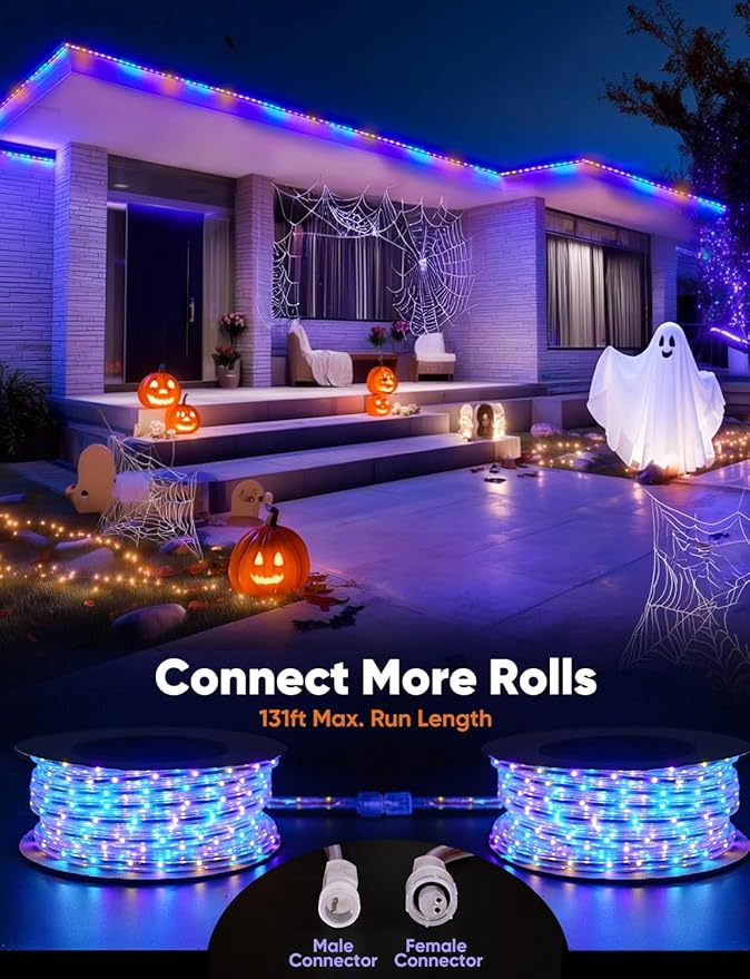 16FT Outdoor LED Strip Lights RGB+IC with Warm&Cool White, ETL Listed Music Sync Light Strip AC 120V, IP65 Waterproof and Connectable, for Party Festival Eave Porch Patio Every Day Decor