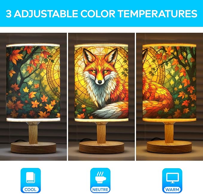 Butterfly Table Lamp LED 3-Color Pressed Bedside, Shade Lamp with Wood Base for Bedroom Living Room Desk Office TL01 (Fox Table Lamp)