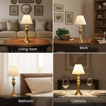 Cordless Table Lamp,Portable Fabric Shade LED Desk Lamps,5200mAh Battery Operated, 3 Color Stepless Dimming Up, for Restaurant, Bedroom,Camping,Coffee Shop,Bar,Night Light (Brass)