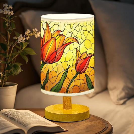 Tulip Table Lamp LED 3-Color Pressed Bedside, Tulip Shade Lamp with Wood Base for Bedroom Living Room Desk Office TL01