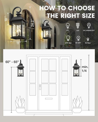 FEMILA 26" Outdoor Wall Light, Large Exterior Wall Lantern with Water Ripple Glass, 3-Light Outdoor Wall Light Fixtures for Entryway, Patio, Garage, and Doorway, E12 Base, 4FD54B-L BK