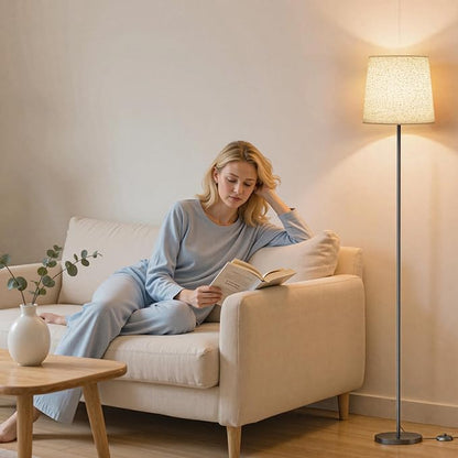 Floor Lamp with Linen Shade - 62" Dimmable LED Standing Lamp with Remote Control, 9W E26 Bulb Included, 3000-6000K, Modern Floor Reading Light for Bedroom Living Room Office Corner, Black