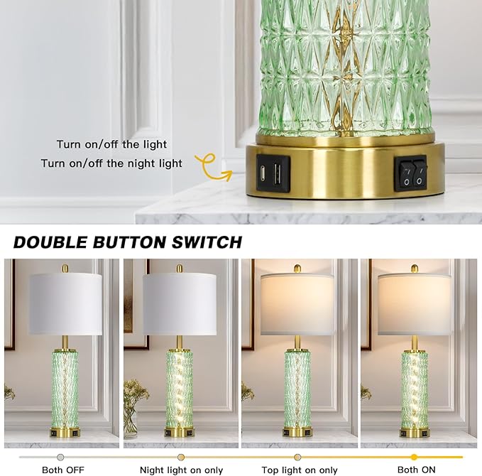 28" Green Glass Table Lamps Set of 2, Green Modern Bedside Lamp with LED Night Light, USB A+C, Glass Lamps for Living Room, Bedroom, Nightstand, Office, End Table (2 Bulbs Included)