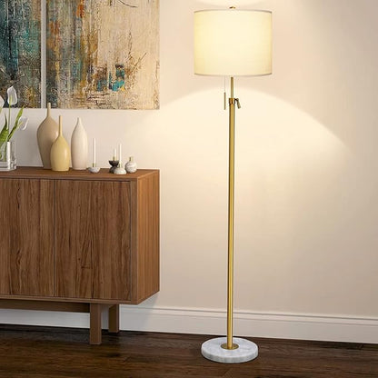 【Upgrade】Gold Floor Lamps for Living Room, 55"-67" Height Adjustable Modern Standing Lamp with Marble Base, Pull Chain Switch, 3-Way Dimmable Tall Pole Lamp for Bedroom Office Reading, Bulb Included