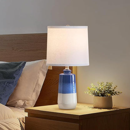 20.5" Ceramic Blue Lamps for Nightstand Set of 2, Blue Table Lamps for Living Room Set of 2, Coastal Table Lamps for Bedroom with White Barrel Lampshade, Blue White Ceramic Lamps for Small Space