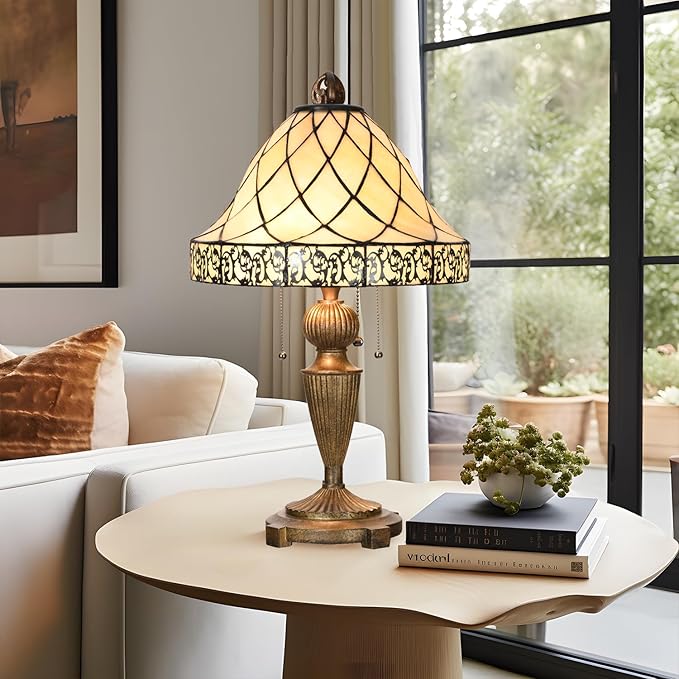 TL0028 Tiffany Table Lamp Stained Glass Lampshade Beige-Like Color with Geometric Pattern, Warm Glow & Elegant Design, Antique Finished Lamp Base, W 14 X H 24 Inches, LED Bulb Included