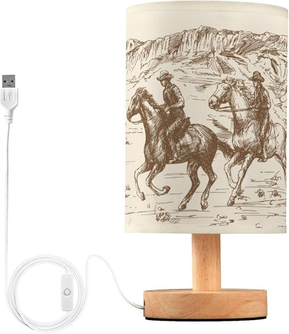 Bedside Lamp Western Desert Cowboy Table Lamp for Bedroom LED Nightstand Lamp Shade USB Ports Wood Base for Living Room Dorm Office