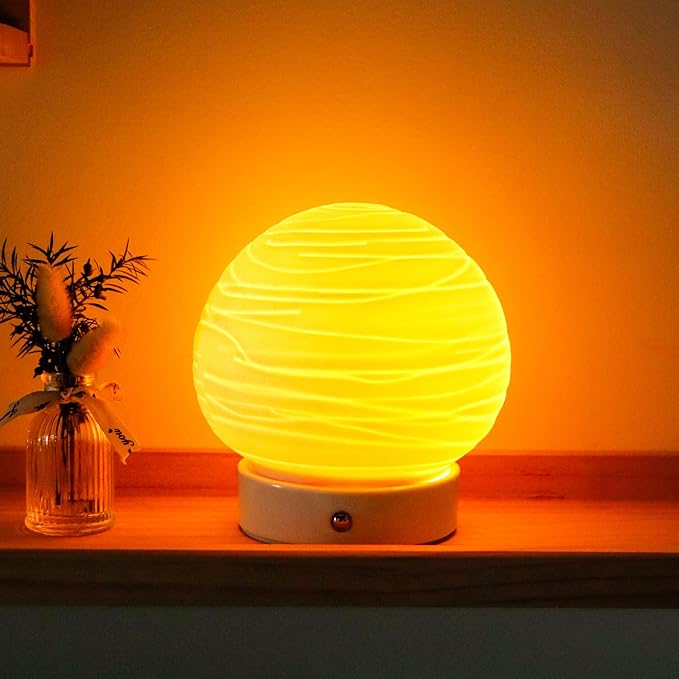 JHY DESIGN 3 Colors Bedside Rechargeable Table Lamp 6.5" H Globe Shade Battery Operated Desk Lamp Translucent Ceramics Dimmable LED Touch lamp for Living Room Bedroom Cafe Outdoors Kids Room(Planet)