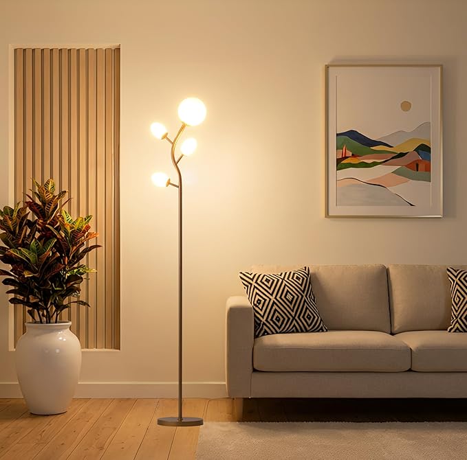 Fiqevs 4 Globe Floor Lamp with 2700K Warm Light LED Bulbs Included, Mid Century Modern Tree Standing Lamp with Frosted Glass Shade, Arc Torch Tall Lamp for Living Room, Bedroom, Office, Antique Brass