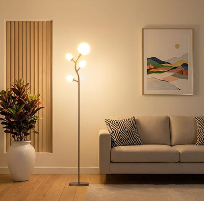 Fiqevs 4 Globe Floor Lamp with 2700K Warm Light LED Bulbs Included, Mid Century Modern Tree Standing Lamp with Frosted Glass Shade, Arc Torch Tall Lamp for Living Room, Bedroom, Office, Antique Brass