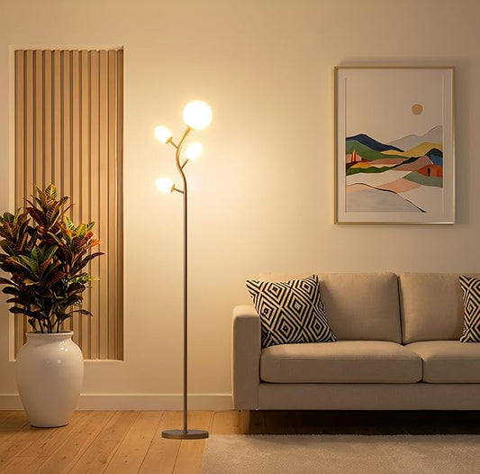 Fiqevs 4 Globe Floor Lamp with 2700K Warm Light LED Bulbs Included, Mid Century Modern Tree Standing Lamp with Frosted Glass Shade, Arc Torch Tall Lamp for Living Room, Bedroom, Office, Antique Brass