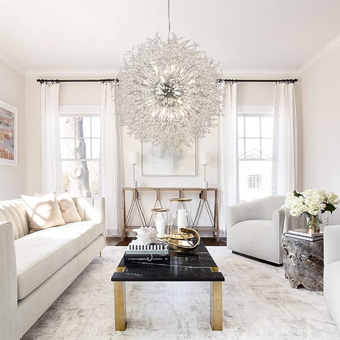 Dandelion Crystal Chandeliers, 16-Light Large Chrome Fireworks Modern Crystal Chandelier, 80W Sputnik Pendant Light Fixtures for Living Room Bedroom Entryway