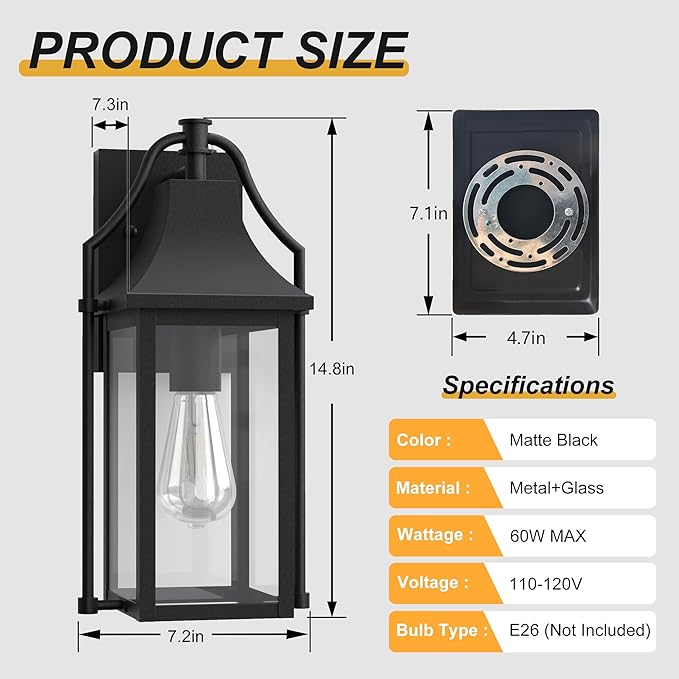 Dusk to Dawn Outdoor Wall Light, Waterproof Wall Sconces, Exterior Wall Mount Lantern Sconce with Glass, Black Patio Lanterns for House Garage Front Door, 14.8in, 1 Pcak