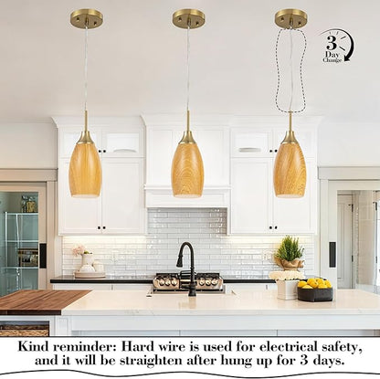 Mini Glass Pendant Light 4.72" Walnut Wood Grain Pendant Lights 3-Pack Handblown Art Oval Glass Hanging Pendant Light for Kitchen Island Dining Room Living Foyer Hallway Entry Brushed Gold