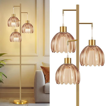 COTTHOS Floor Lamp for Living Room, Modern Standing Lamp Brass Glass Green Tree 3 Light Tall Floor Lamps for Bedroom & 800 Lumens LED Bulbs, Vintage Boho Flower Lamp Shade Farmhouse Boho Bohemian Gold