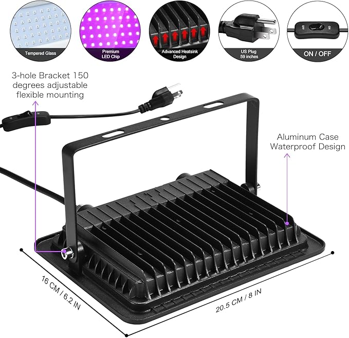2 Pack 150W Black Light Flood Light, Blacklight with Plug, IP66 Waterproof for Glow Party, Halloween, Neon Glow, Aquarium,Fluorescent Poster,Body Paint,Glow in The Dark