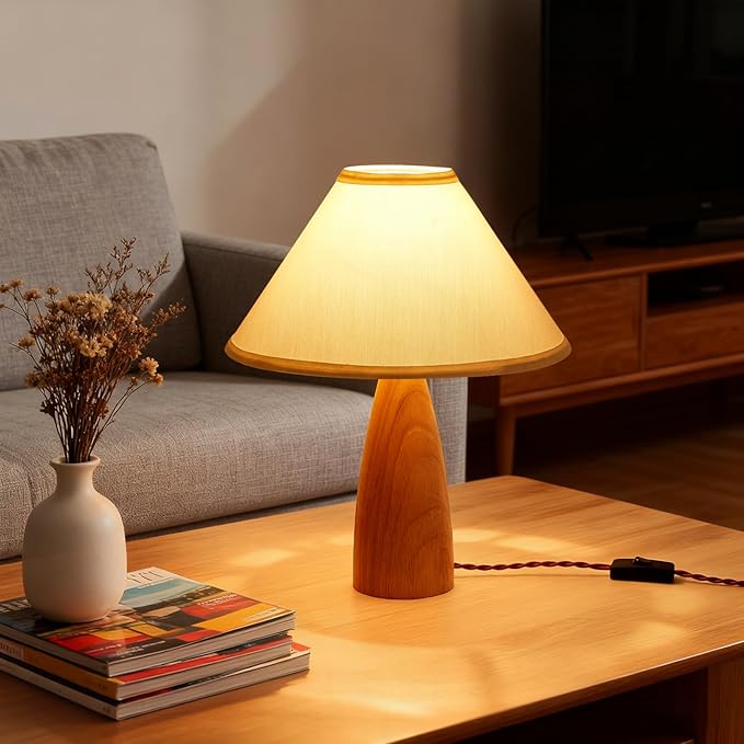 Bedside Table Lamp for Bedroom, Mid-Century Modern Plug in Fabric Shade & Solid Wood Base Desk Lamp, Plug & Play Yellow Wood Nightstand Lamp for Living Room, Office 【Bulb Included】