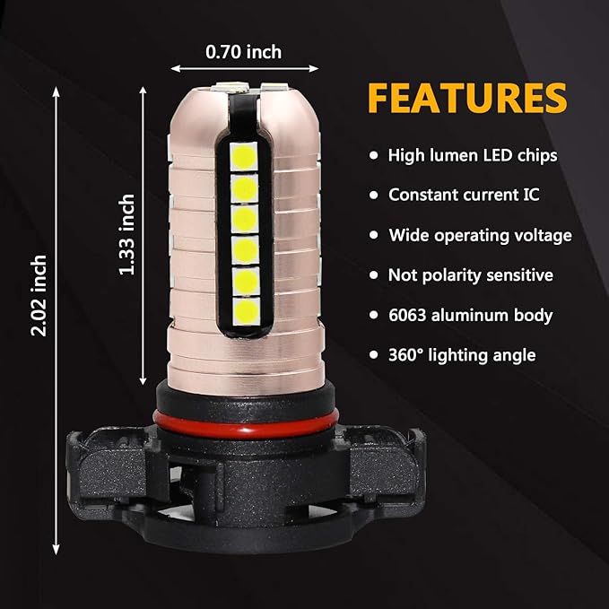 PHINLION PSX24W LED Fog Light Bulbs, 3000 Lumens Super Bright 3030 Chipsets 2504 12276 12V LED Bulb Replacement for Foglights or DRL, 6000K Xenon White