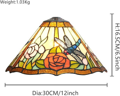 Tiffany Style Lamp Shade, 12 Inch Dragonfly Roses Stained Glass Lamp Shade Replacement Vintage Lamp Cover Accessories Fit for Table Lamp Pendant Light Ceiling Light