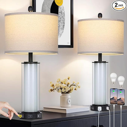 26" Black Glass Table Lamps Set of 2, Modern Bedroom Lamps with Built-in Frosted Glass Night Light , Tall Living Room Lamp with USB C+A Ports & Outlet, Bedside Lamp for Nightstand Side End Decoration
