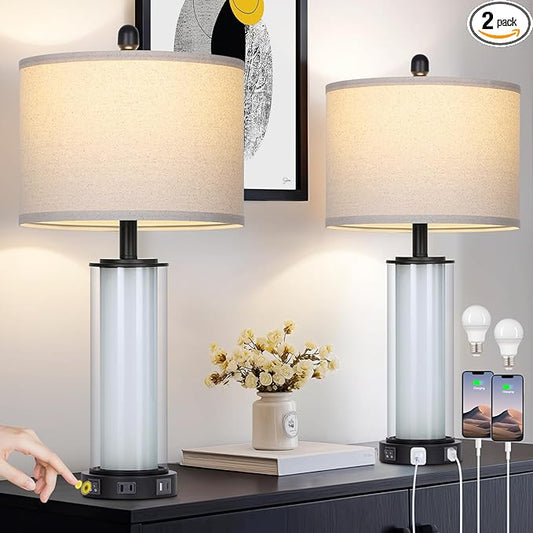 26" Black Glass Table Lamps Set of 2, Modern Bedroom Lamps with Built-in Frosted Glass Night Light , Tall Living Room Lamp with USB C+A Ports & Outlet, Bedside Lamp for Nightstand Side End Decoration