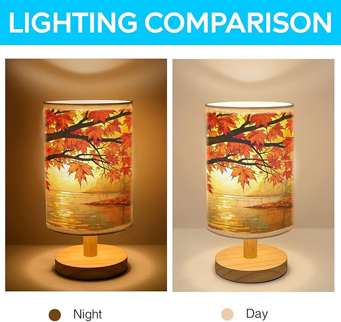 Sugar Maple Trees Table Lamp LED 3-Color Pressed Bedside, Sugar Maple Trees Shade Lamp with Wood Base for Bedroom Living Room Desk Office