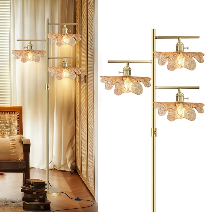 Gold Floor Lamps for Living Room Bedroom, Dimmable Tall Floor Lamp with Amber Glass Flower Shade, Mid Century Modern Standing Lamp for Office Corner Study