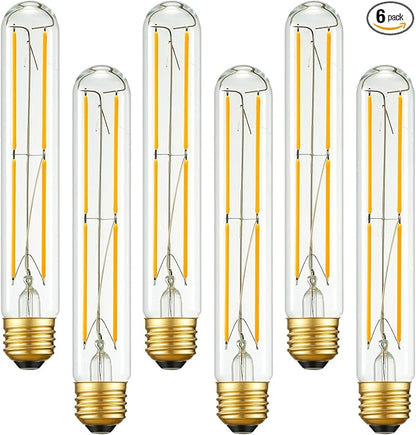 Arberlic 7.3 Inch T10 LED Bulb,6W Tubular Light Bulb Equivalent E26 led Bulb 60 watt dimmable,Warm White 2700K,600lm,CRI85+,AC120V,Clear Glass Long E26 Edison Bulb,Flicker-Free,Pack of 6