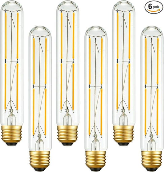 Arberlic 7.3 Inch T10 LED Bulb,6W Tubular Light Bulb Equivalent E26 led Bulb 60 watt dimmable,Warm White 2700K,600lm,CRI85+,AC120V,Clear Glass Long E26 Edison Bulb,Flicker-Free,Pack of 6