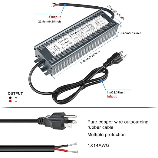 inShareplus 12V 300W Power Supply, AC 80-265V to DC 12 Volt 25A IP67 Waterproof LED Power Supply, Low Voltage Transformer, Outdoor Driver with 3-Prong Plug 3.3 Feet Cable for LED Light, Outdoor Use