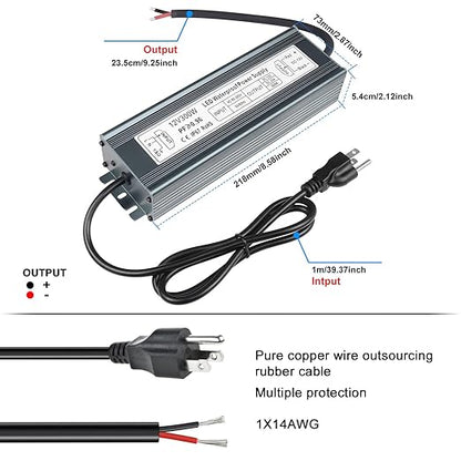 inShareplus 12V 300W Power Supply, AC 80-265V to DC 12 Volt 25A IP67 Waterproof LED Power Supply, Low Voltage Transformer, Outdoor Driver with 3-Prong Plug 3.3 Feet Cable for LED Light, Outdoor Use