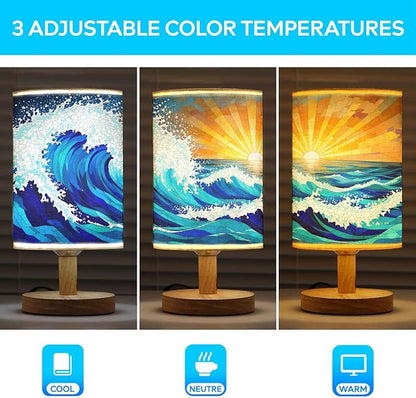 Sea and Ocean Waves Table Lamp LED 3-Color Pressed Bedside, Sea and Ocean Waves Shade Lamp with Wood Base for Bedroom Living Room Desk Office TL01