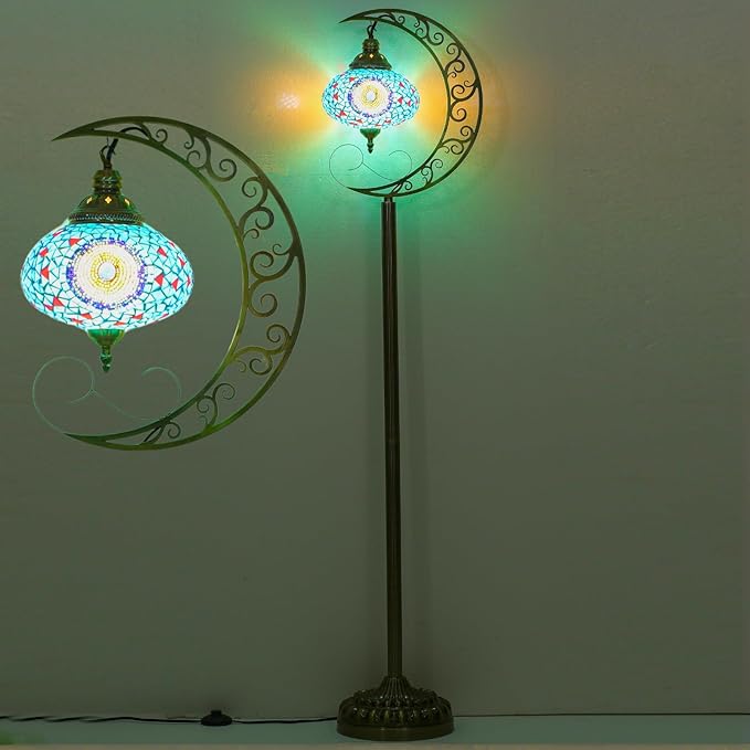 3D Crescent Moon Turkish Floor Lamp - 60 Inch Boho Lamp, 8 Inch Stained Glass Shade, Handmade for Living Room, Bulb Included (Multicolor,YUELFL-04)