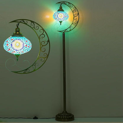 3D Crescent Moon Turkish Floor Lamp - 60 Inch Boho Lamp, 8 Inch Stained Glass Shade, Handmade for Living Room, Bulb Included (Multicolor,YUELFL-04)