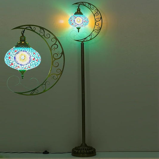 3D Crescent Moon Turkish Floor Lamp - 60 Inch Boho Lamp, 8 Inch Stained Glass Shade, Handmade for Living Room, Bulb Included (Multicolor,YUELFL-04)